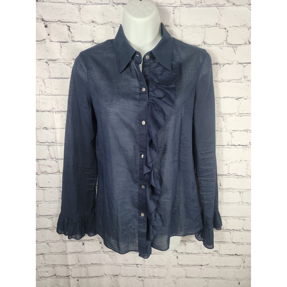 Tory Burch Navy Blue Ruffle Blouse Lightweight Semi Sheer Size 4